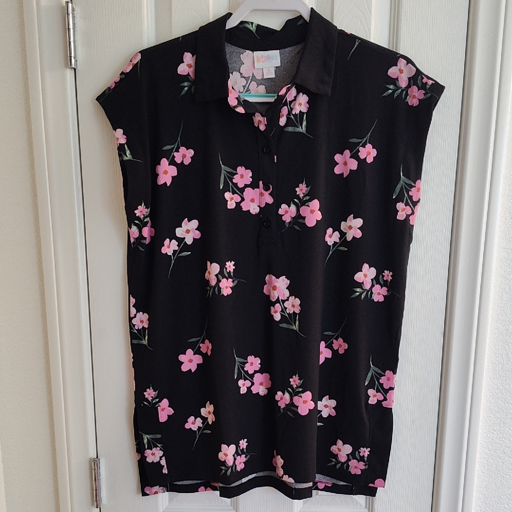LuLaRoe Cori Collared Tunic Black and Pink Floral Blouse Size M